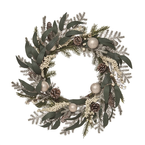 White Berry & Silver Ornament on Wreath - 24"