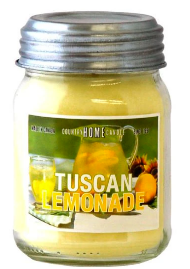 Jar candle labeled 'Tuscan Lemonade' with a lemon and cup graphic on a white background