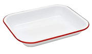 A small red and white pattern roasting pan.
