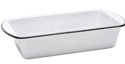 A black and white  enamel loaf pan.