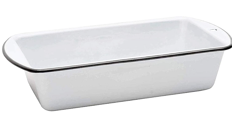 A black and white  enamel loaf pan.