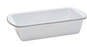 A grey and white enamel loaf pan.