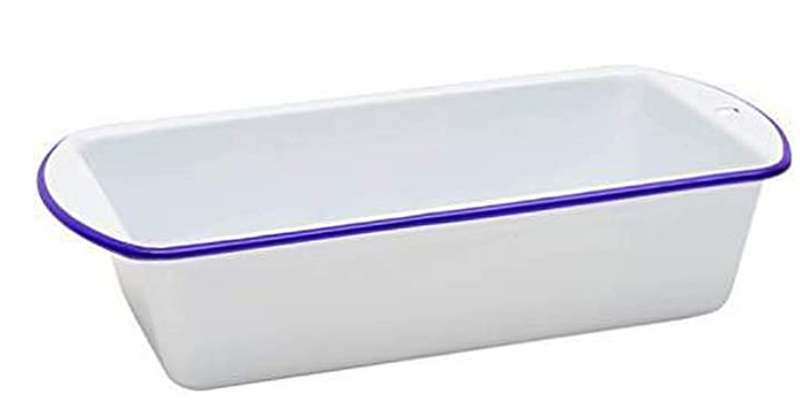 A blue and white enamel loaf pan 