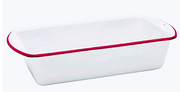 A red and white enamel loaf pan.