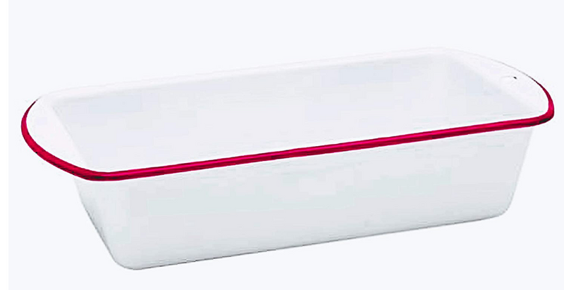 A red and white enamel loaf pan.