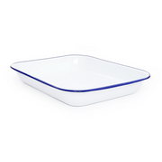 A blue and white enamel roasting pan.
