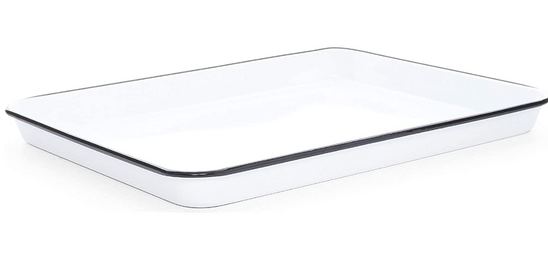 A rectangular enamel jelly roll tray with a marble-like splatter pattern in vintage colors.
