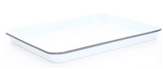 A rectangular enamel jelly roll tray with a marble-like splatter pattern in vintage colors.