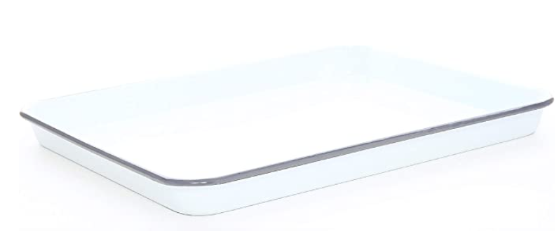 A rectangular enamel jelly roll tray with a marble-like splatter pattern in vintage colors.