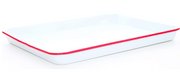 A rectangular enamel jelly roll tray with a marble-like splatter pattern in vintage colors.
