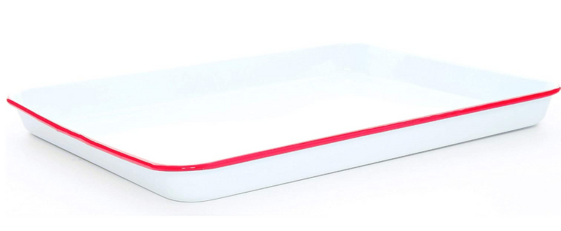 A rectangular enamel jelly roll tray with a marble-like splatter pattern in vintage colors.