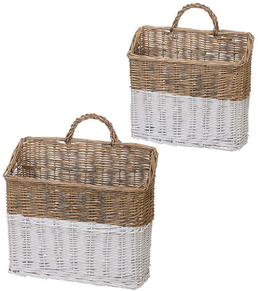 Two wicker baskets with a natural and white finish on a white background