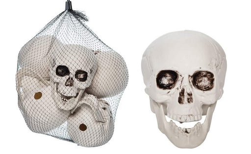 Decorative skull with a mesh bag on a white background