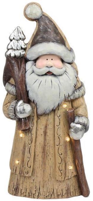 Wooden Santa Claus figurine with a beard, holding a tree, on a white background