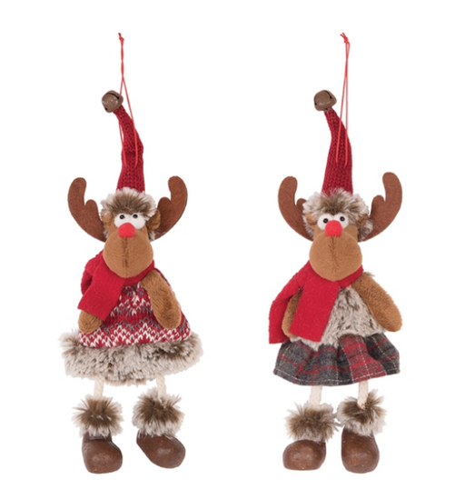 Two festive reindeer decorations with red scarves and plaid skirts on a white background.