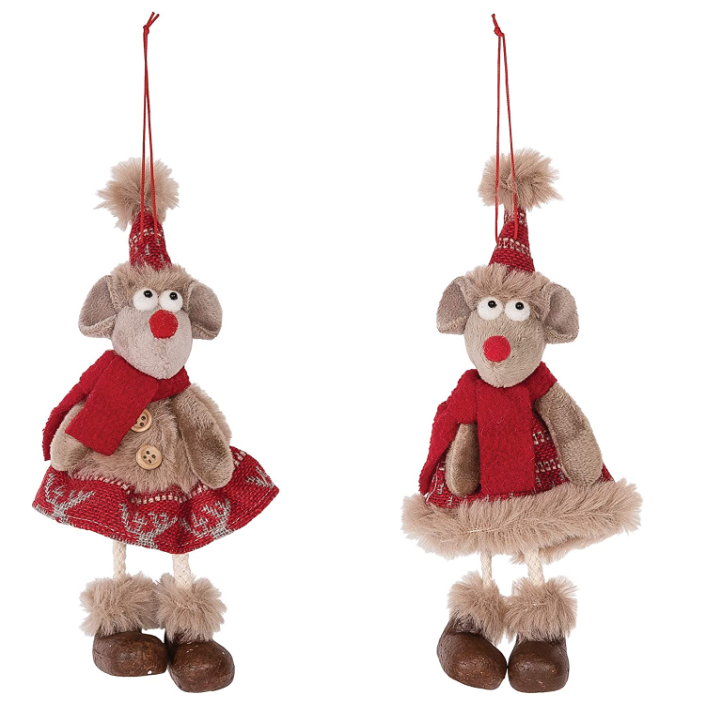 Two festive dog ornaments wearing red sweaters and hats on a white background