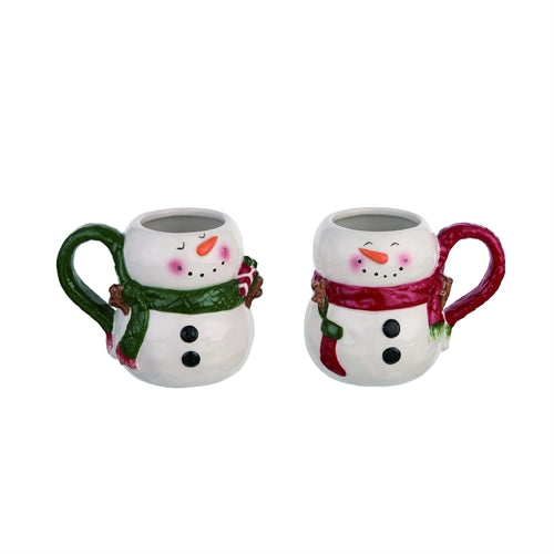Two snowman-themed ceramic mugs with scarves on a white background