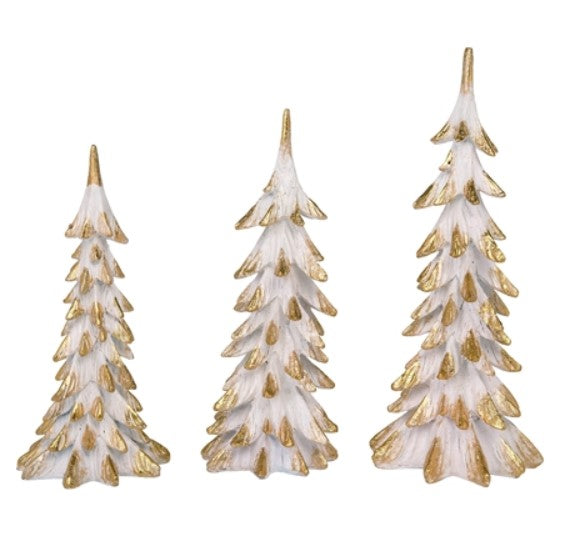 Set of three decorative Christmas trees with gold accents on a white background
