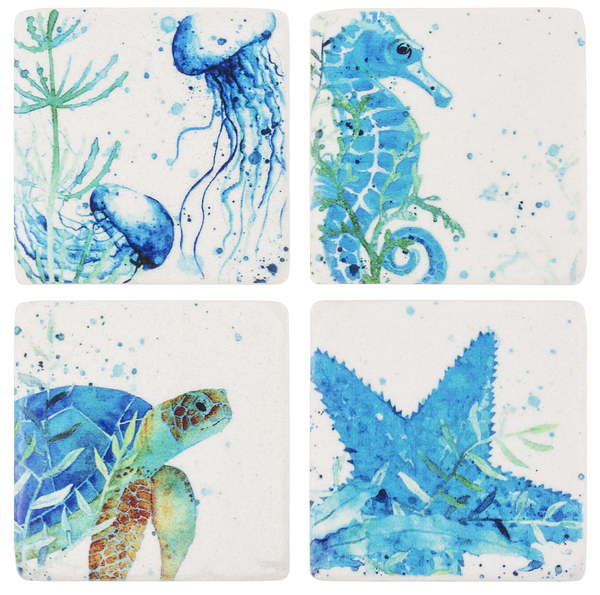 Blue Watercolor Sea Creature Coaster - Set of 4