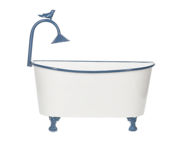 Wall Mounted Blue & White Enamel Tub Planter with Bird