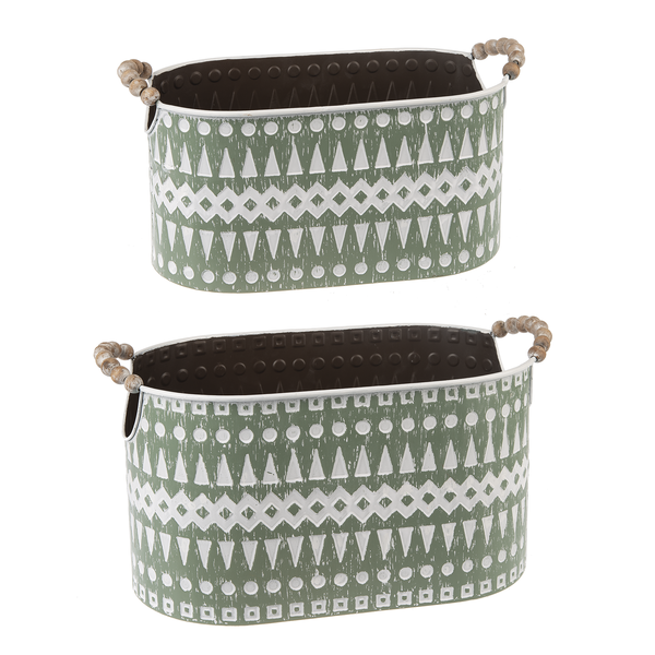 Sage & White Geo Oval Planter with Beaded Handles -2 Sizes