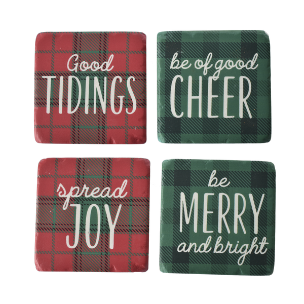 Red & Green Plaid with Holiday Text Coaster (4 pc. set)