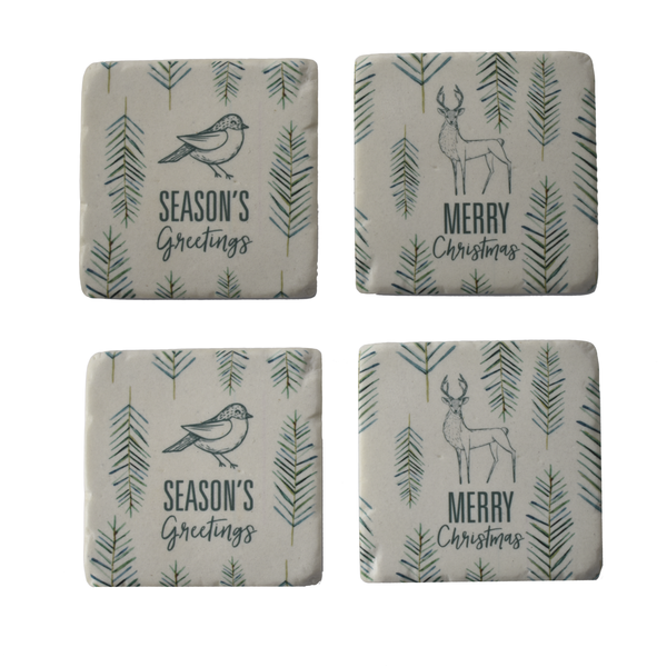 Bird, Deer & Pine Coaster with Holiday Text Coaster 4pc