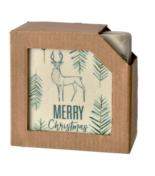 Bird, Deer & Pine Coaster with Holiday Text Coaster 4pc