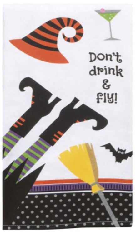 Halloween-themed towel with witch's hat, broom, and text 'Don't drink & fly!' on a white background.
